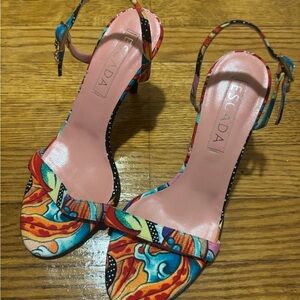 ESCADA Multicolor Canvas Printed Strappy Slingback Sandal Heels